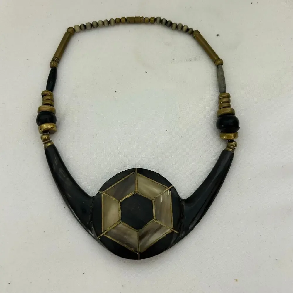 Artisan wood Statement Necklace Black Brown Geometric Inlay Tribal Boho 20”